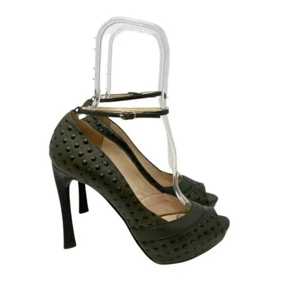 Escada Ostrich Embossed Sage Leather Peep Toe Pumps Size 11 - Picture 8 of 11